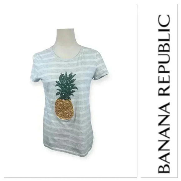 Banana Republic Tops - Banana Republic gray striped t-shirt with sequin pineapple on front size med